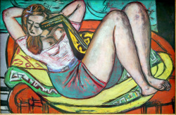 theblackcatzon:  lawrenceleemagnuson: Frau mit Mandoline in Gelb und Rot 1950   Max Beckmann