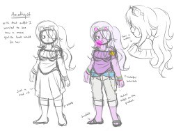 princesssilverglow:  A sketch of the full outfit I made for Amethyst for this picture here. The one with the skirt was just an idea though. I was curious how she would look with a skirt and I think she looks really cute &gt;////&lt; 