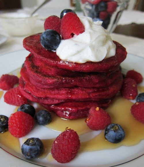 veganinspo:  Vegan Red Velvet Pancakes with Coconut Cream & Berries