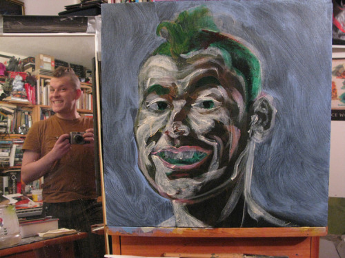Here’s a process view of my latest self-portrait.  Golden acrylic paints on canvas.