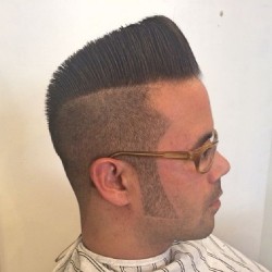 imonkeyaround:  @nayqueenoffades #pimping this chap out #cutthroatmob style. #barberlife #uppercutdeluxe #slickanddestroy #groomandzoom #barbier #redlightdistrict #phycobilly #pomp #quiff #nofilter @cutthroatbarberandcoffee 