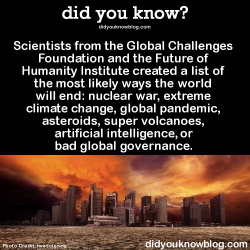 did-you-kno:  Scientists from the Global Challenges Foundation and the Future of Humanity Institute created a list of the most likely ways the world will end: nuclear war, extreme climate change, global pandemic, asteroids, super volcanoes, artificial