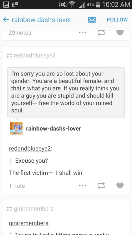 mockeryd:  sassmasterkurapika:  Everybody, please report this blog! He is continually trying to get trans members of tumblr to “fix” themselves- or commit suicide. He claims to do it in the name of God. People like this need to suck up their tears