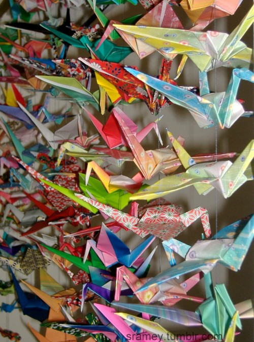 A thousand paper origami cranes is called senbazuru.  In Japanese legend, cranes are mystical c