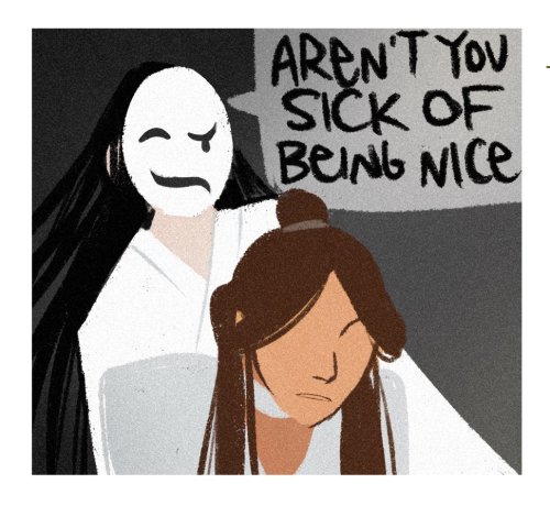 hawberries:

rip to the white-clothed calamity but i’m different[images are a stylized, two-panel comic of xie lian, looking haunted as the white no-face taunts him, “aren’t you sick of being nice? don’t you just want to go apeshit?” and the image glitches manically. this is followed by a little chibi drawing of xie lian, smiling beatifically and saying, “no <3″] #tian guan ci fu #tgcf #heaven officials blessing  #so happy for English dub  #i have a poor attention span so itll be nice to be able to rewatch it while also doing other things  #can i interest you in a 2000 page book?