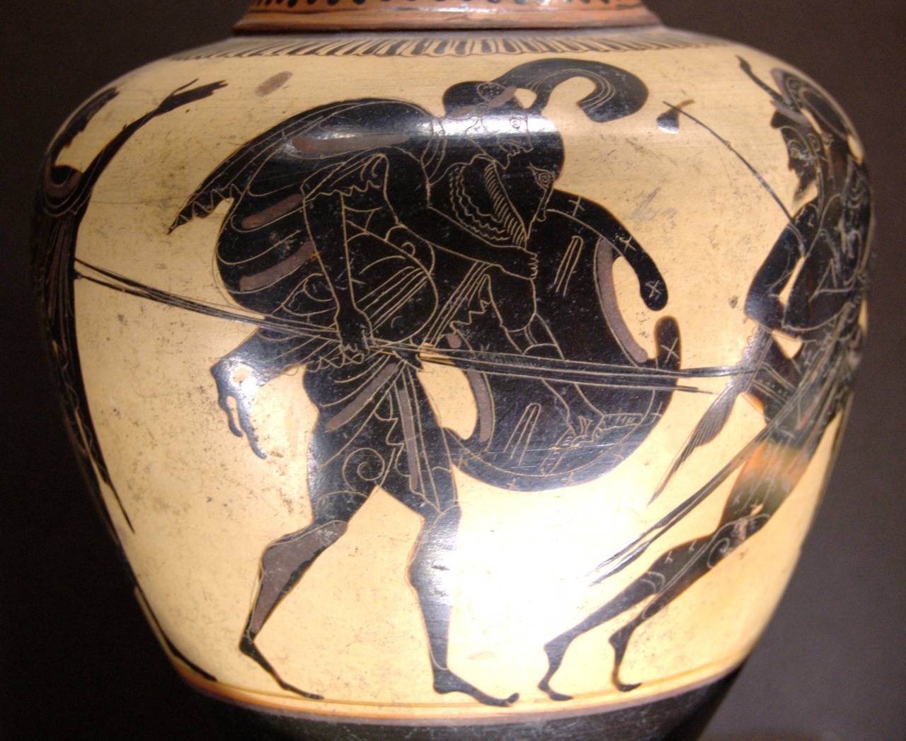 Aeneas carrying Anchises. Attic black-figure oinochoe, ca. 520–510 BC. Painter of Louvre F 118 (eponymous vase). In book II of the Aeneid, at the end of the Trojan War and the fall of Troy, Anchises wishes to stay and die in his city. Aeneas refuses...