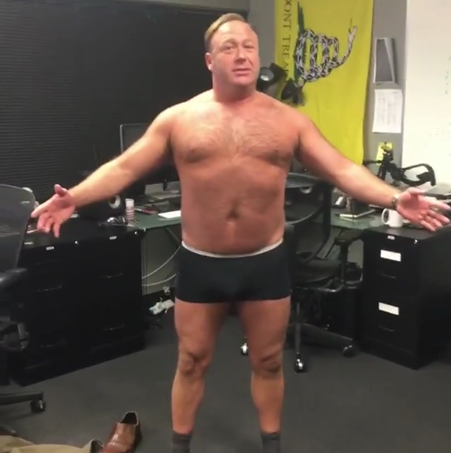 bigmenoftvandfilm:  Alex Jones stripping off.Watch the video here: http://www.infowars.com/alex-jones-takes-his-clothes-off-for-the-fbi/