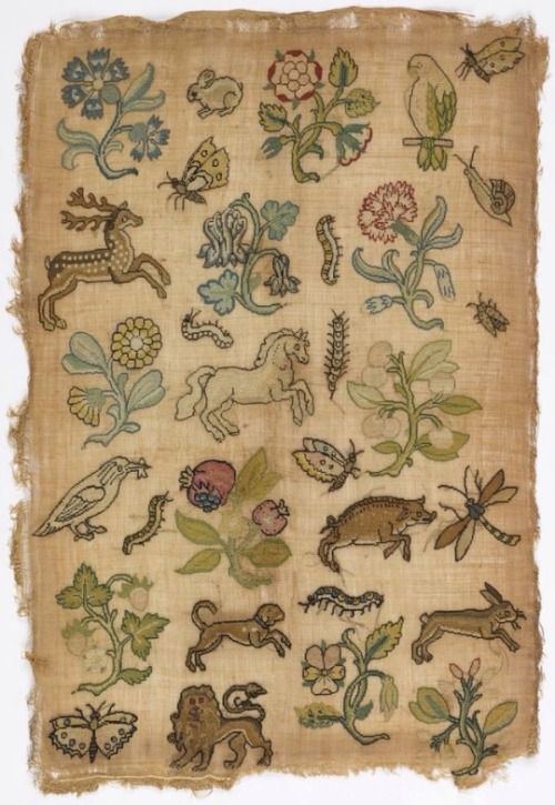 ghostowlattic:Sampler, silk embroidery on linen foundation, c. 17th century, England