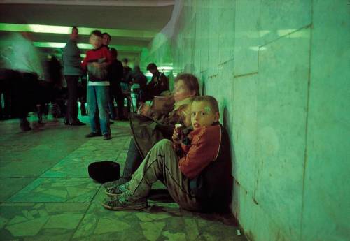 Starving and homeless children in Russia in the 1990s, who often became victims of substance abuse, 