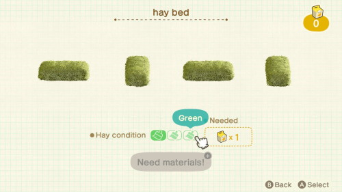 Item: hay bed# of customizations: 3Customization names: brown, pale green, greenCustom kits needed: 