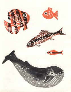 applesandibexes:  Fish and whale, potato prints by Helen R. Haddad from Potato Printing, 1981. 