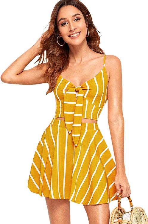 Floerns 2-piece outfit striped tie front crop top and skirts set