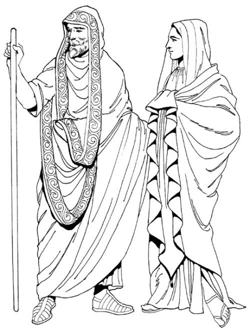 sartorialadventure:Ancient Greek fashions1-3. chiton4. feast guest and dancer5-6. himatius7. mantle8