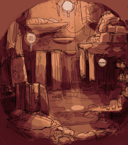 foulserpent:little sketch of what niviiran’s home looks like!its part of a telvanni mushroom tower, 