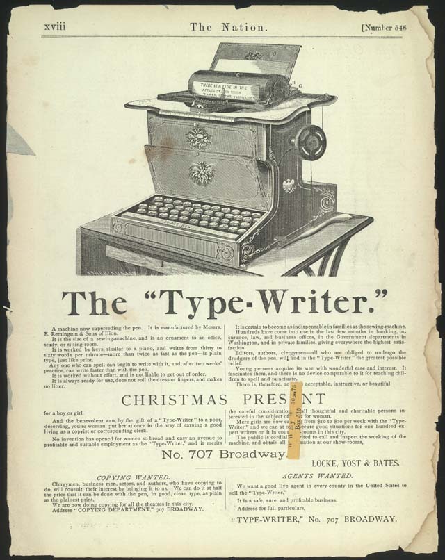 worldhistoryfacts:  An early ad for typewriters – a great Christmas gift – 1870s.