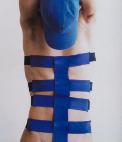 vuittonv:  i-D March 2003. (Elastic cage by Helmut Lang; baseball cap by Polo Ralph Lauren.) 
