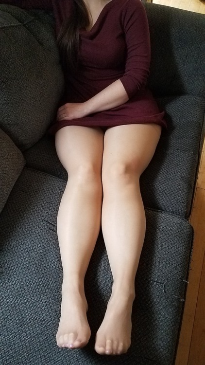 myprettywifesfeet:My pretty wife home from work and looking very beautiful in her dress and nylons t
