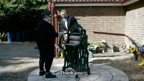 [ID: Two screencaps from Taskmaster. Jo Brand says, “I can see you as an Elizabethan washerwoman.” A