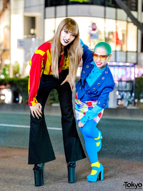 Fun Japanese friends 19-year-old Zutti and 18-year-old Sakurako on the street in Harajuku wearing co