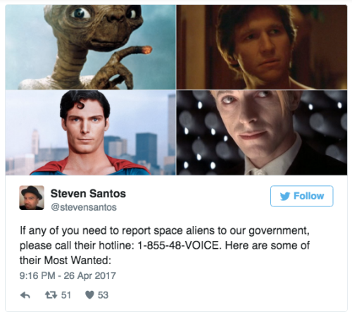 arctic-silence: lenyberry:  wilwheaton:  the-movemnt:  Trump started an anti-immigrant hotline. People are trolling it with tales of aliens. On Wednesday, Trump administration launched the Victims of Immigrant Crime Engagement Office.  With the launch