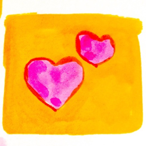 audawart:glitter heart girl[ID: Six square shaped marker drawings, arranged in 2x3 rows, each of a d
