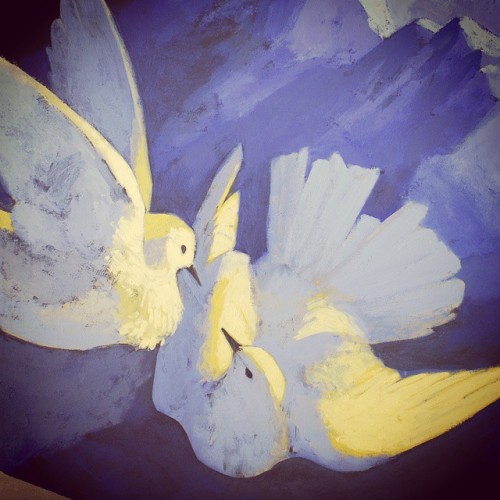 A detail from my painting of a mated pair of doves, based on my pet indian fantail pigeons. Now part