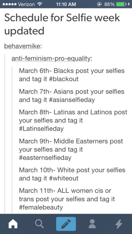 pastelroyalty:PLEASE PLEASE DO NOT REBLOG THAT SELFIE WEEK POST!!! The OP is really problematic. Not