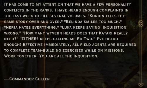 inquisitorsfancyhats:Cullen “don’t make me turn this Inquisition around” Rutherfor