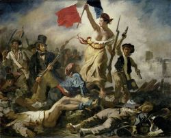 heaven-is-in-sight:   La Libertad guiando al pueblo (La Liberté guidant le peuple), Eugène Delacroix.     El espectador sólo tiene dos posibilidades, el unirse a la masa, o el ser arrasado por ella. El pueblo es la unión de clases: se representa al