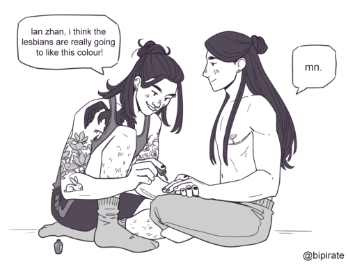 bipirate:another request for @paristwists! even in modern times, lan wangji is surrounded by lesbian