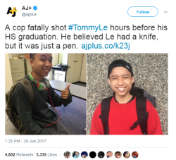 black-to-the-bones: This innocent kid had a pen in his hand, was excited about his graduation and ended up dead just a few hours before it  just because one of the cops thought Tommy had a knife in his hand, but it was a pen. He killed Tommy because
