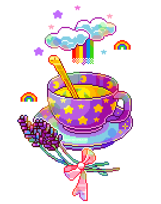 Purple tea cup with yellow stars on it. There is a yellow liquid inside and a yellow straw coming out. Above the cup are clouds with rainbows dropping from them.
