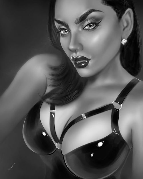 Black and white portrait. Evil look and black shiny latex outfit. Makeup with eyeliner and dark glos