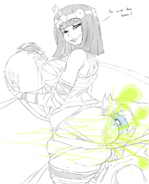 An uncoloured request of Menat from Street Fighter farting on Ed while saying “So entails the 