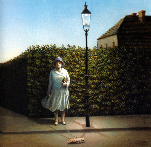 Michael Sowa (German, b. 1945, Berlin, Germany) - Woman With Moth  Paintings: Oil on Canvas