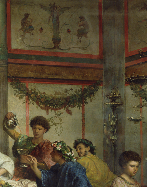 didoofcarthage:Details from A Roman Feast by Roberto Bompiani. Italian, late 19th century. Oil 