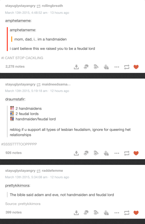 female-husband: agnost: sgjkdfjgmldfkgldf mgkdf gdf gfd when the handmaiden / feudal lord meme takes over your dashboard lmaooooooo This is the night lesbian tumblr peaked  