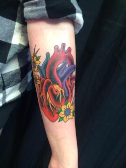 fuckyeahtattoos:  Traditional Anatomical Heart on my left forearm.Guess I can say that I wear my heart on my sleeve now.  Done by Charlie at Crown &amp; Anchor Tattoo in Lafayette, Louisiana. Charlie’s Instagram: @hansxcharles