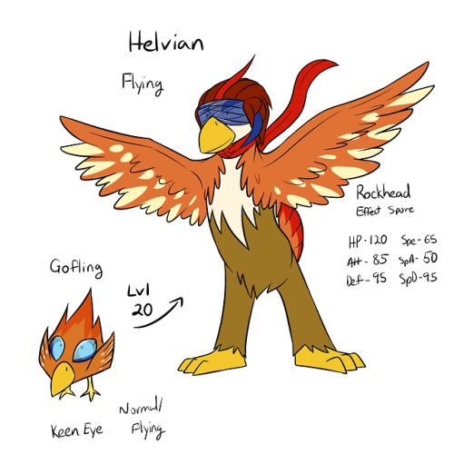 Gym Leader 2So second gym leader in my fan-region is Dusty.  He’s a crop-duster for a bunch of farms around his area.  His ace pokemon is a fakemon I made called Helvian, a pure flying type pokemon.  The idea behind Helvian is that they have crazy