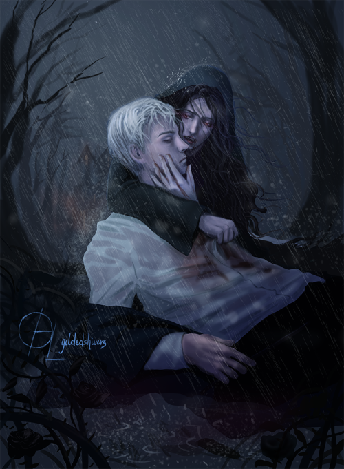 Despairingly, Hermione cradles Draco’s limp body against her arm. He is unresponsive, his curs