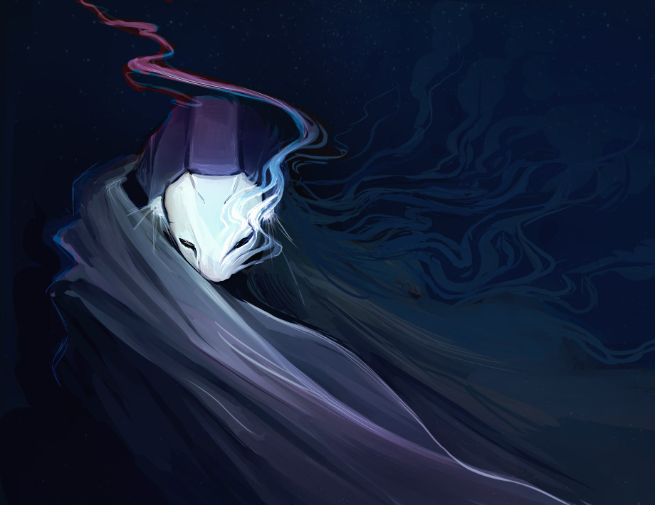 A robot, Path, with a flat, metal face and dark eyes. They appear to be disintegrating, with metal turning into ribbons and streaming off their face. Wind blows their cloak across the scene.