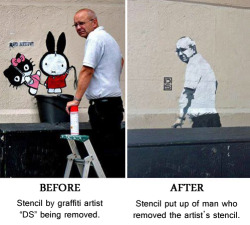 spunkmonkgifs:  tastefullyoffensive:  Graffiti artist mocks man who removed his stencil art. [via]  Just brilliant. 