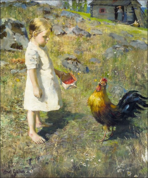 artist-akseli-gallen-kallela: The girl and the rooster, 1886, Akseli Gallen-Kallela