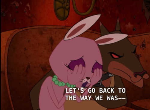 agentdarkb0oty:  closet-keys:   Anyone else remember the episode of Courage the Cowardly Dog about a lesbian bunny who escapes her abusive boyfriend and rides off into the night on a train with the love of her life?  I like to think that Kitty and Bunny