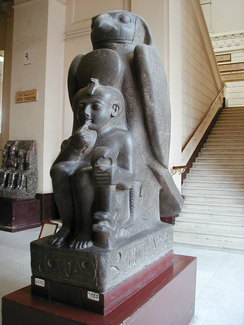 hismarmorealcalm:
“ Statue of Ramses II depicted as a child seated in front of a Horus figure 19th Dynasty Cairo Museum
”