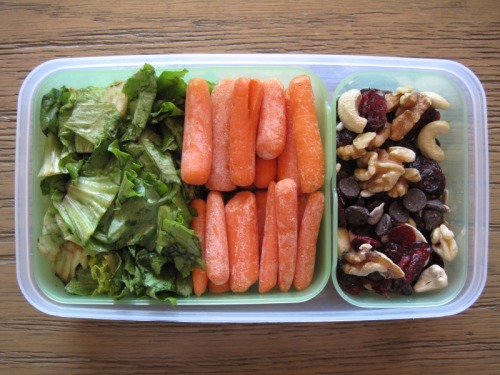 Green leaf lettuce salad with peanut butter, agave, and apple cider vinegar dressingBaby carrotsTrai