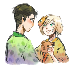 bunny-banchou: 『 Beka—I got you a mask, too! 』 I couldn’t BEAR sleeping without drawing Otayuri from the new Oedo onsen collab images!   