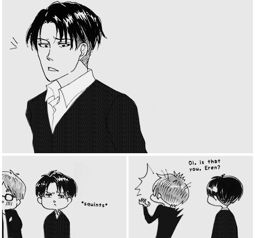 ryuusea:  Library AU | request #2 Eren thinks Levi is glaring at him, but it’s simply Levi squinting really hard because his eyesight is actually quite bad. ( *`艸´)ｸﾌﾌ 