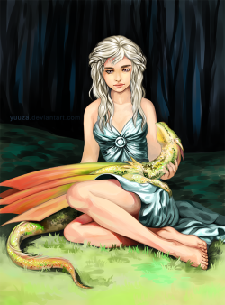 queen-daenerystargaryen:  Daenerys with Rhaegal. Art by Yuuza 