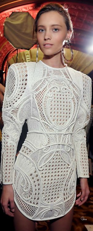Balmain spring 2013 ready-to-wear (click to enlarge).Padded white raffia on nude tulle, inspired by 